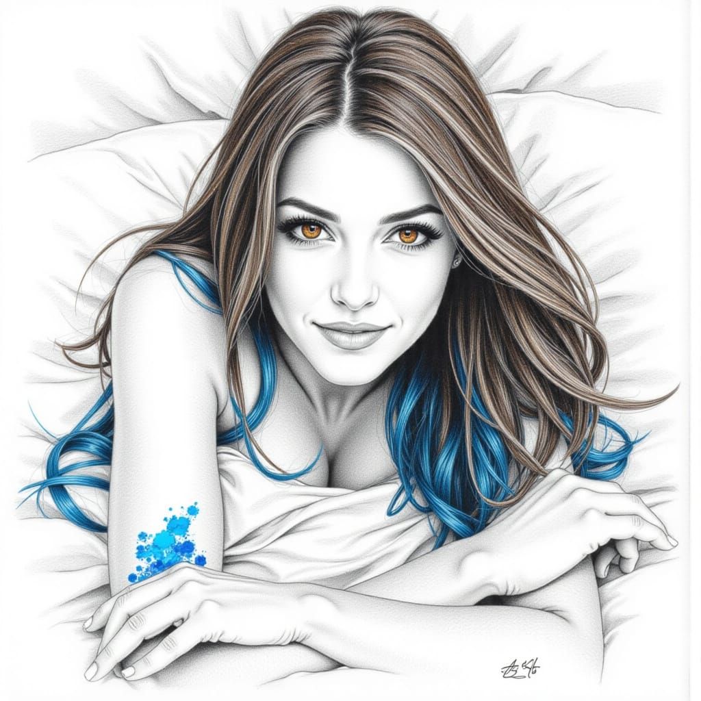 Woman with Blue Streaked Hair in Graphite Sketch Style