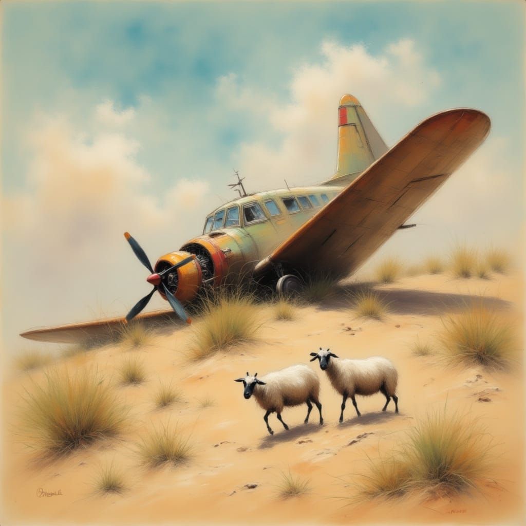 Airplane Wreckage in Desert with Aviator and Sheep