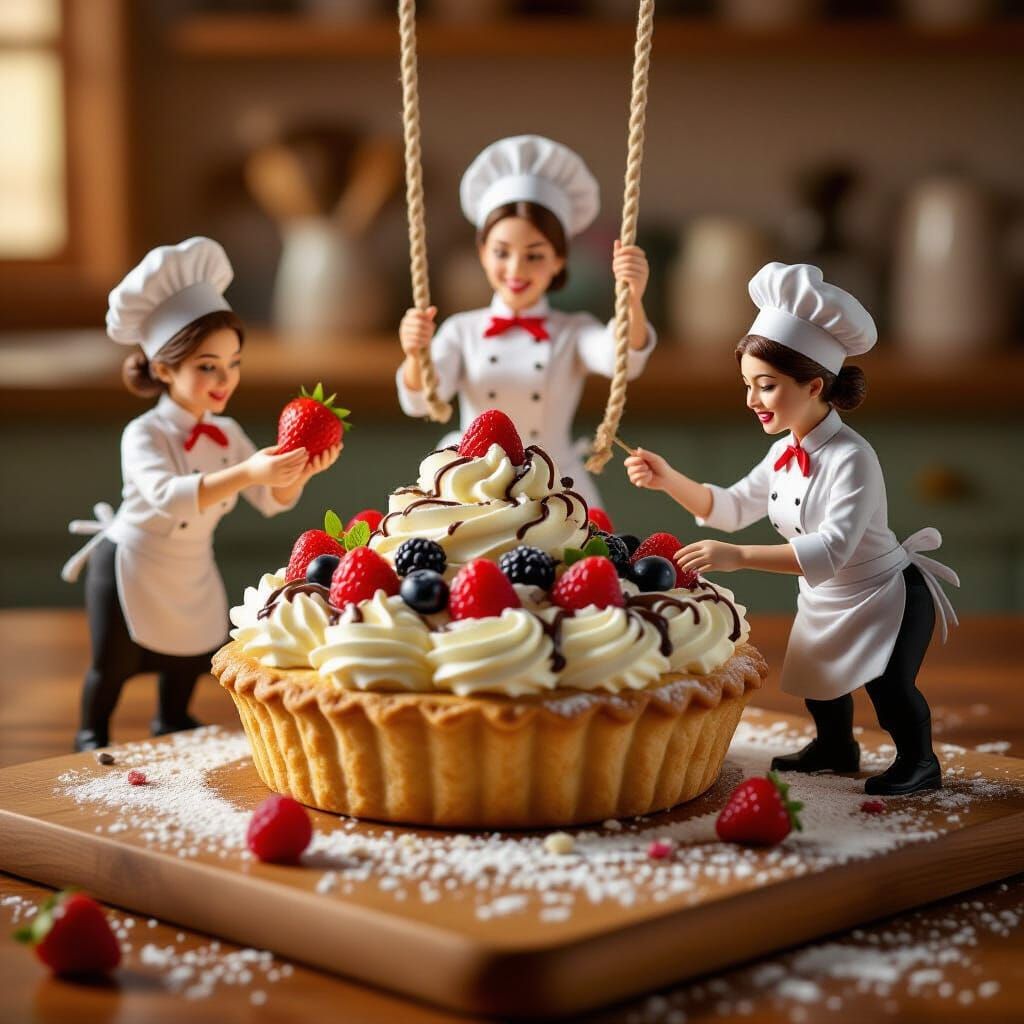 Tiny Pastry Chefs Create Giant Tartlet Macro Photo