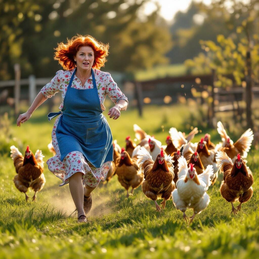 Woman Flees Chickens on Sunny Farmyard, Photorealistic Style