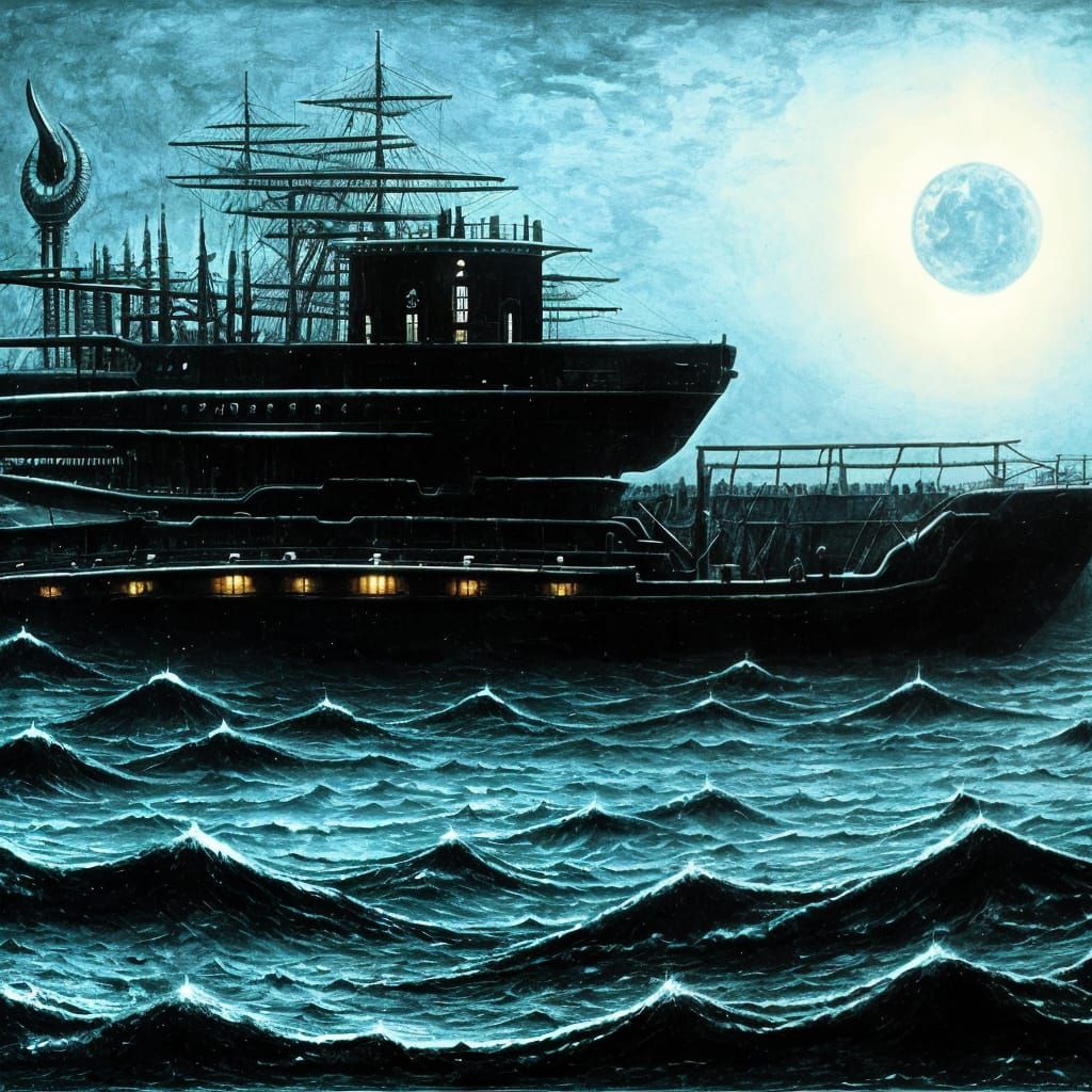 Surreal Ghost Ship Sailing in the Dark