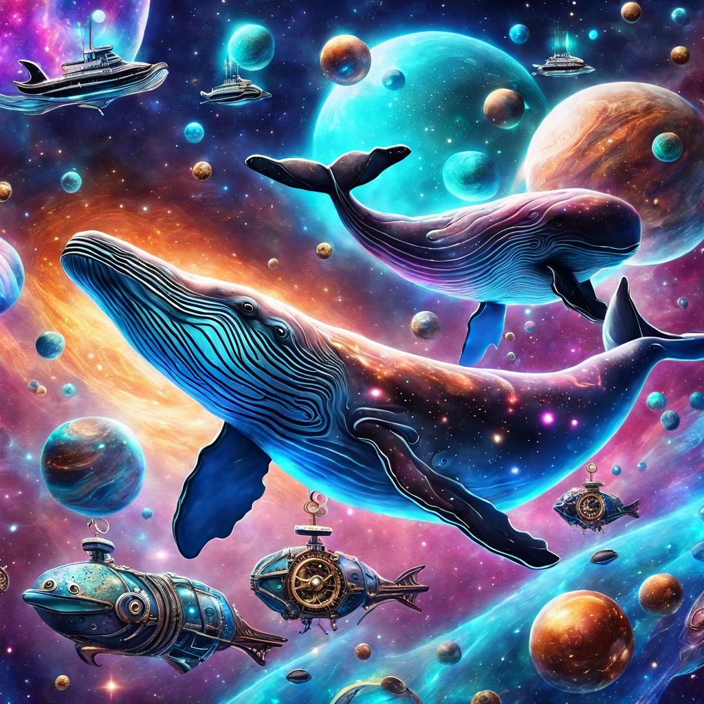 Steampunk Whales Swimming in Space: Holographic Illustration