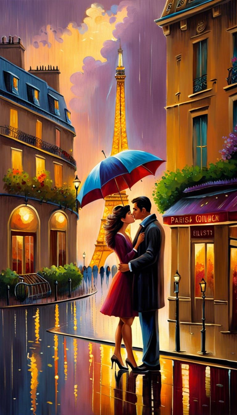 Romantic Kiss in Rainy Paris: Kinkade-Inspired Oil Painting