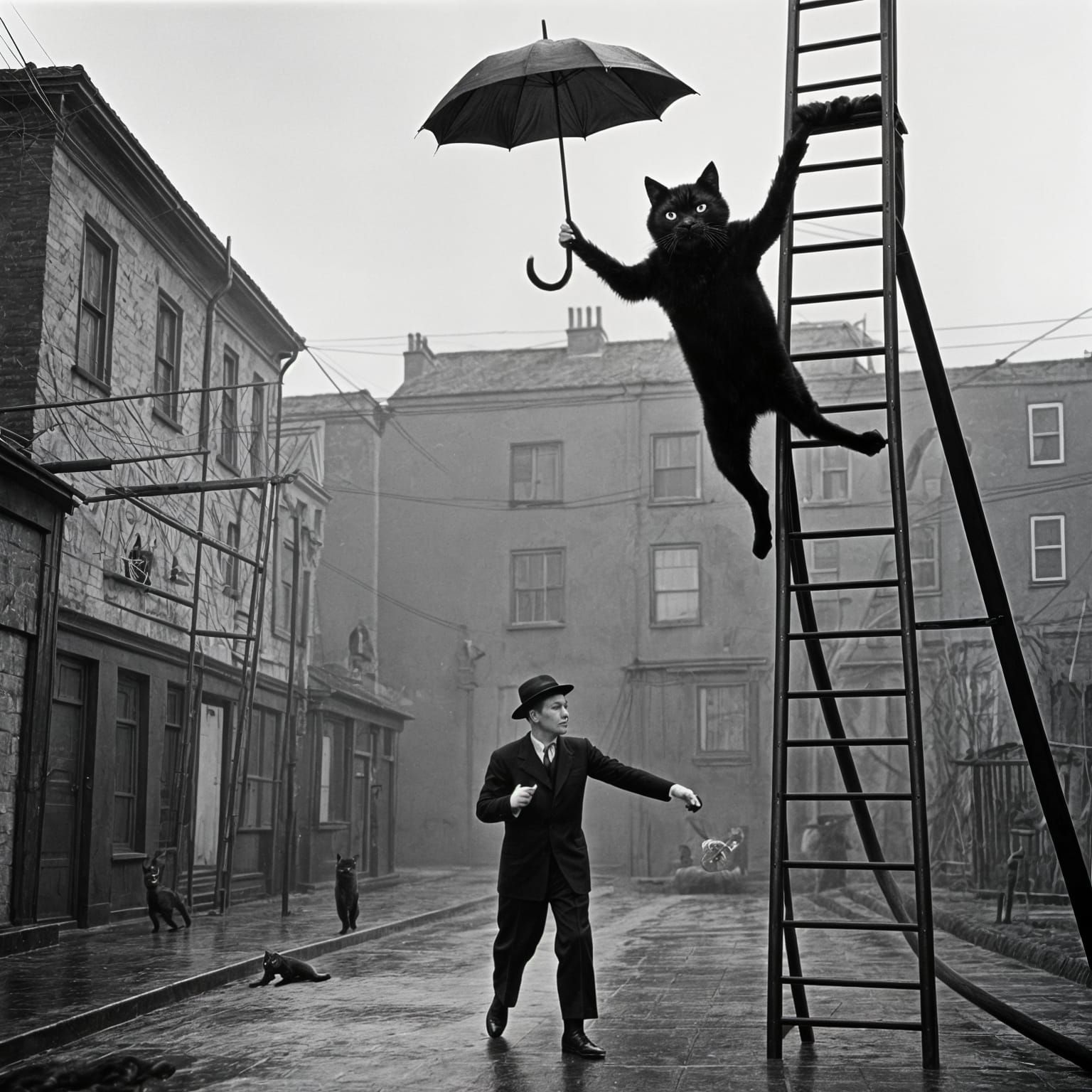 Man, Black Cat, Umbrella, Ladder: Absurdist 1940s Scene