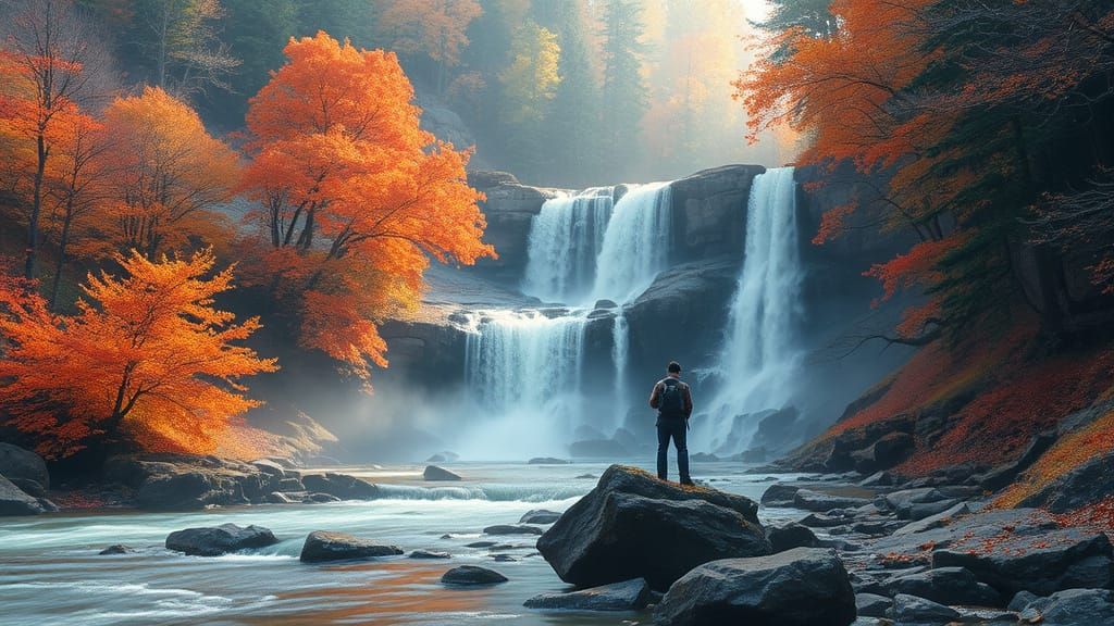 Magical Autumn Waterfalls in Golden Forest Light