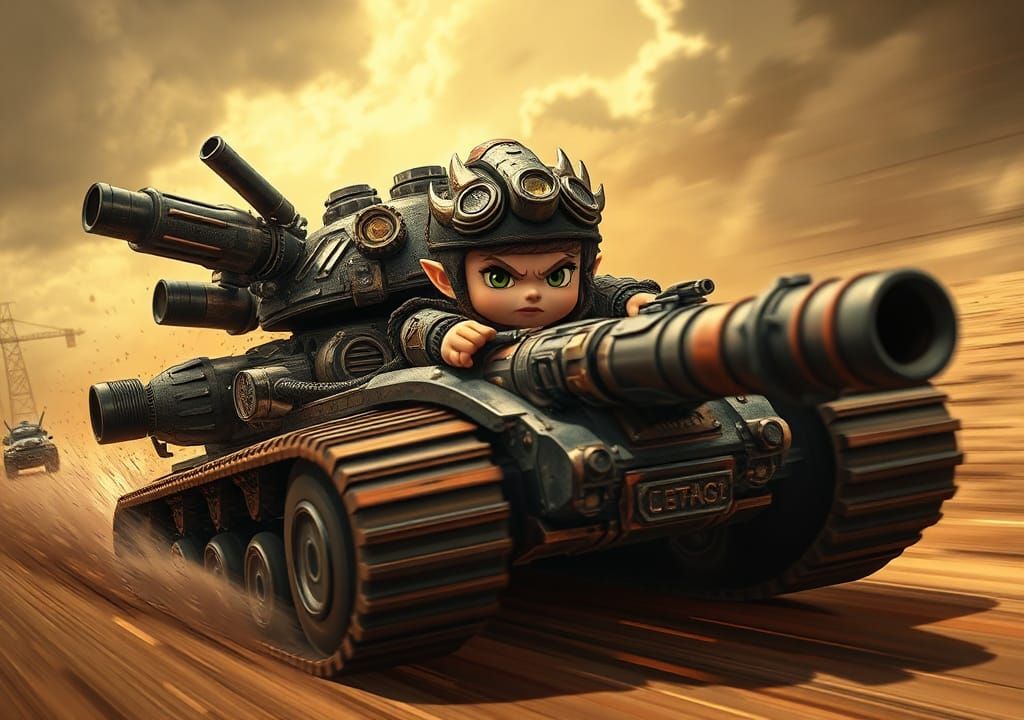 Chibi Warrior Child Battles Steampunk Tank in Mad Max Wastel...