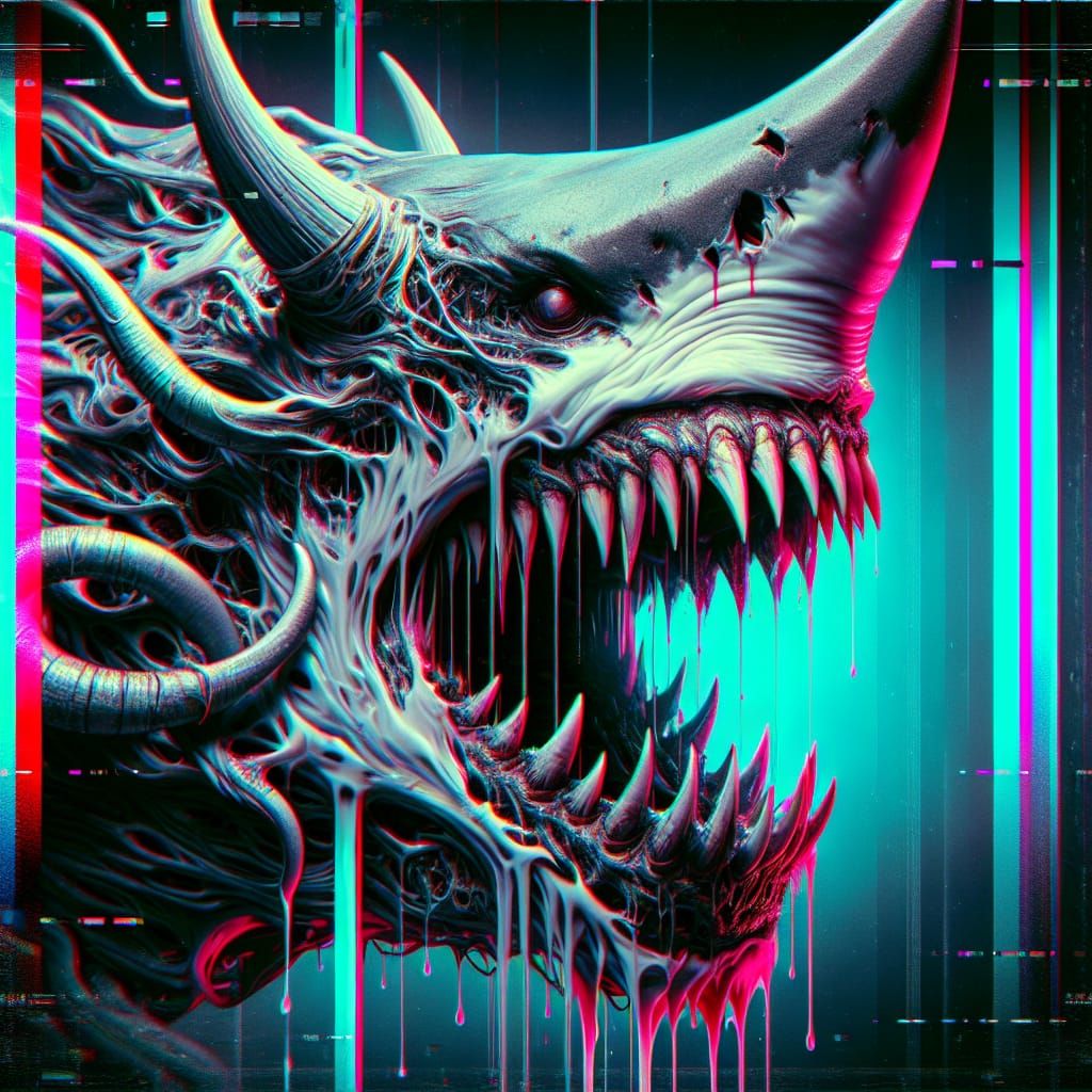 Horrifying Human-Demon Shark Hybrid in Neon Horror