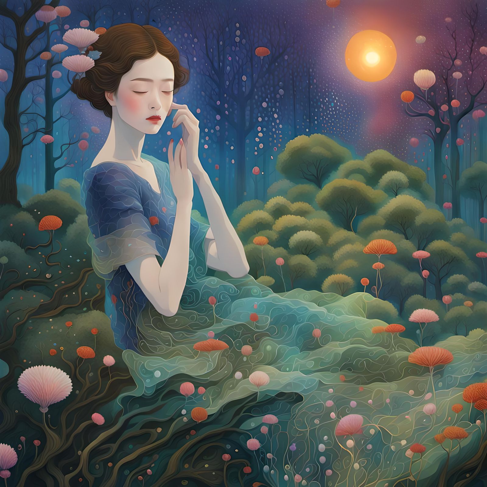 Sunset Woman in Magical Forest, Art Nouveau Style