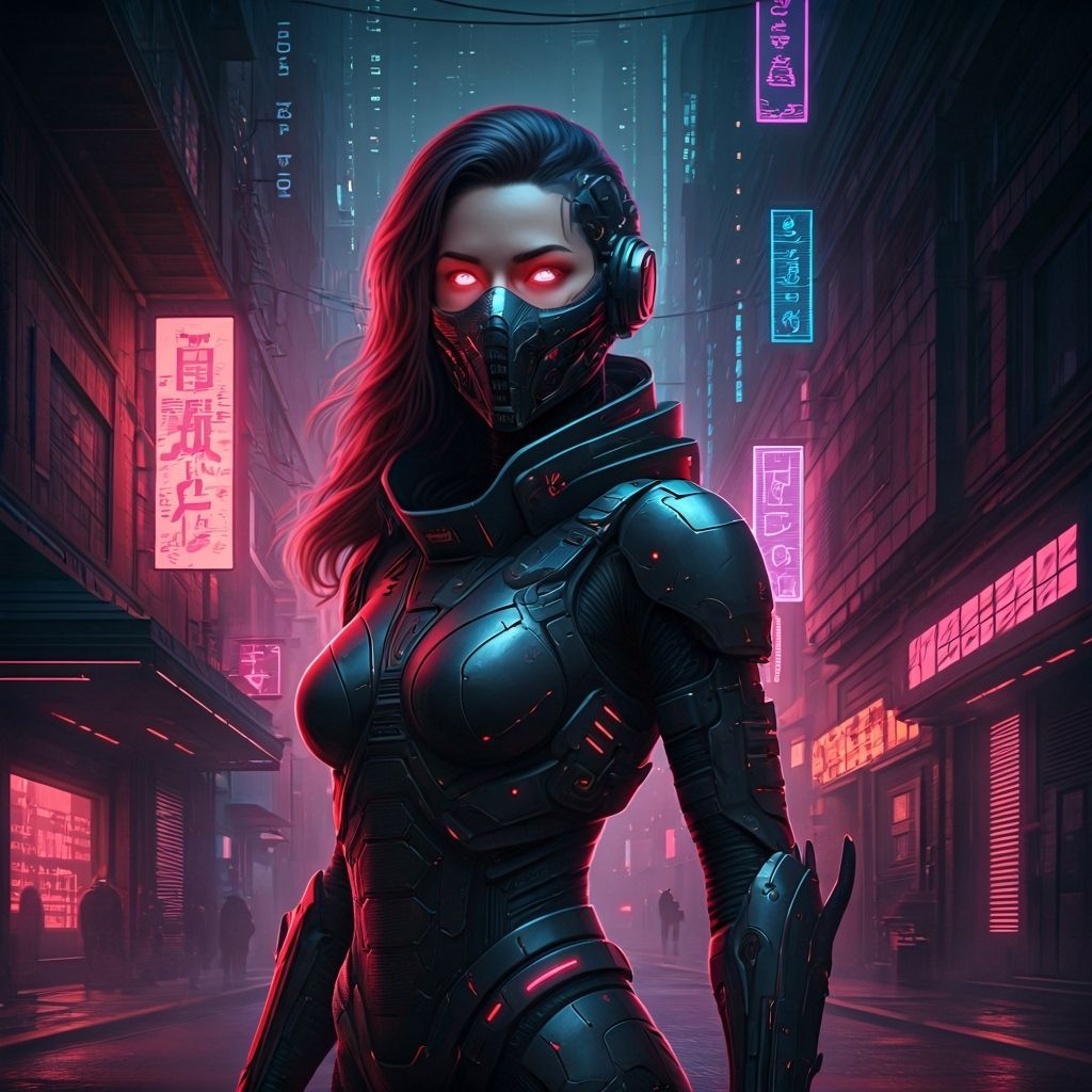 Cyberpunk Woman in Neon Alleyway, Cinematic Style