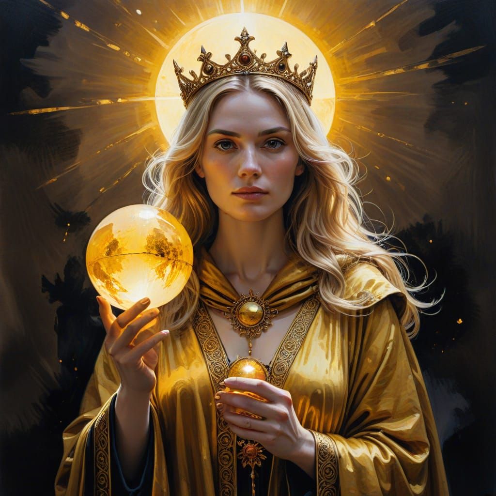 Golden Woman with Sun Orb: Modern Ink Painting