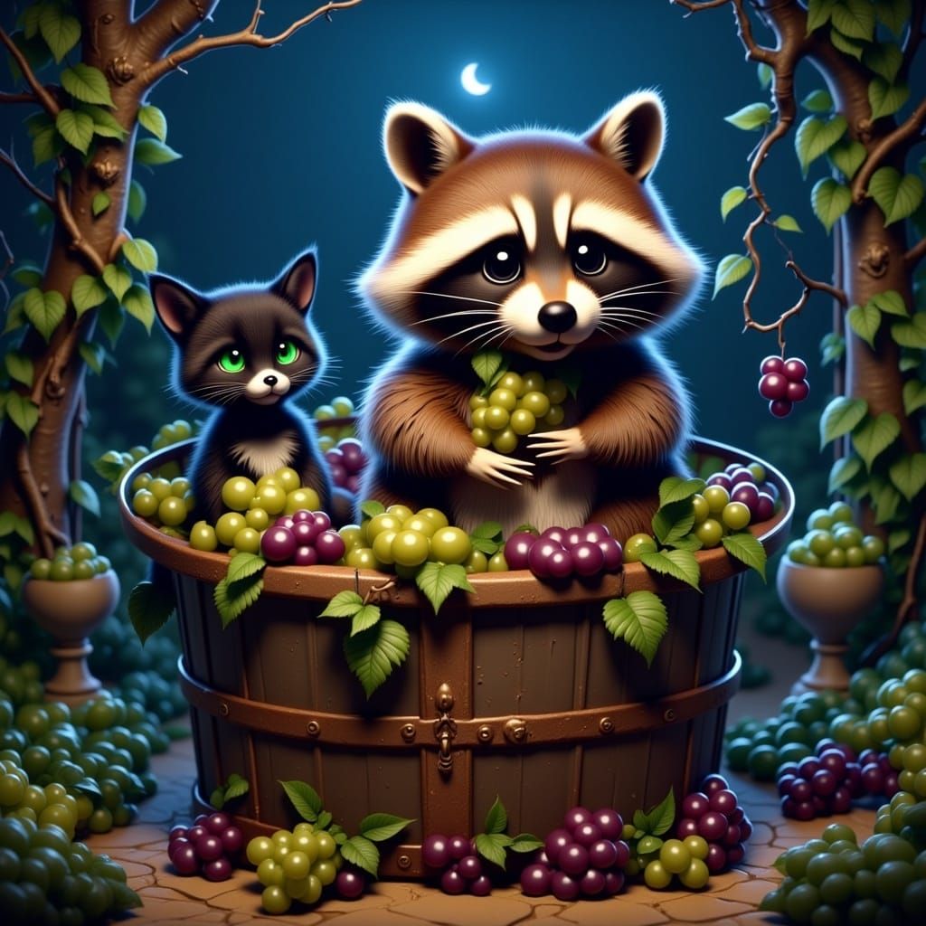 Raccoon Feast in Mystical Moonlit Garden