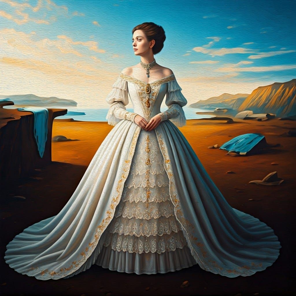 Victorian Woman in Surrealist Landscape as Oil Painting