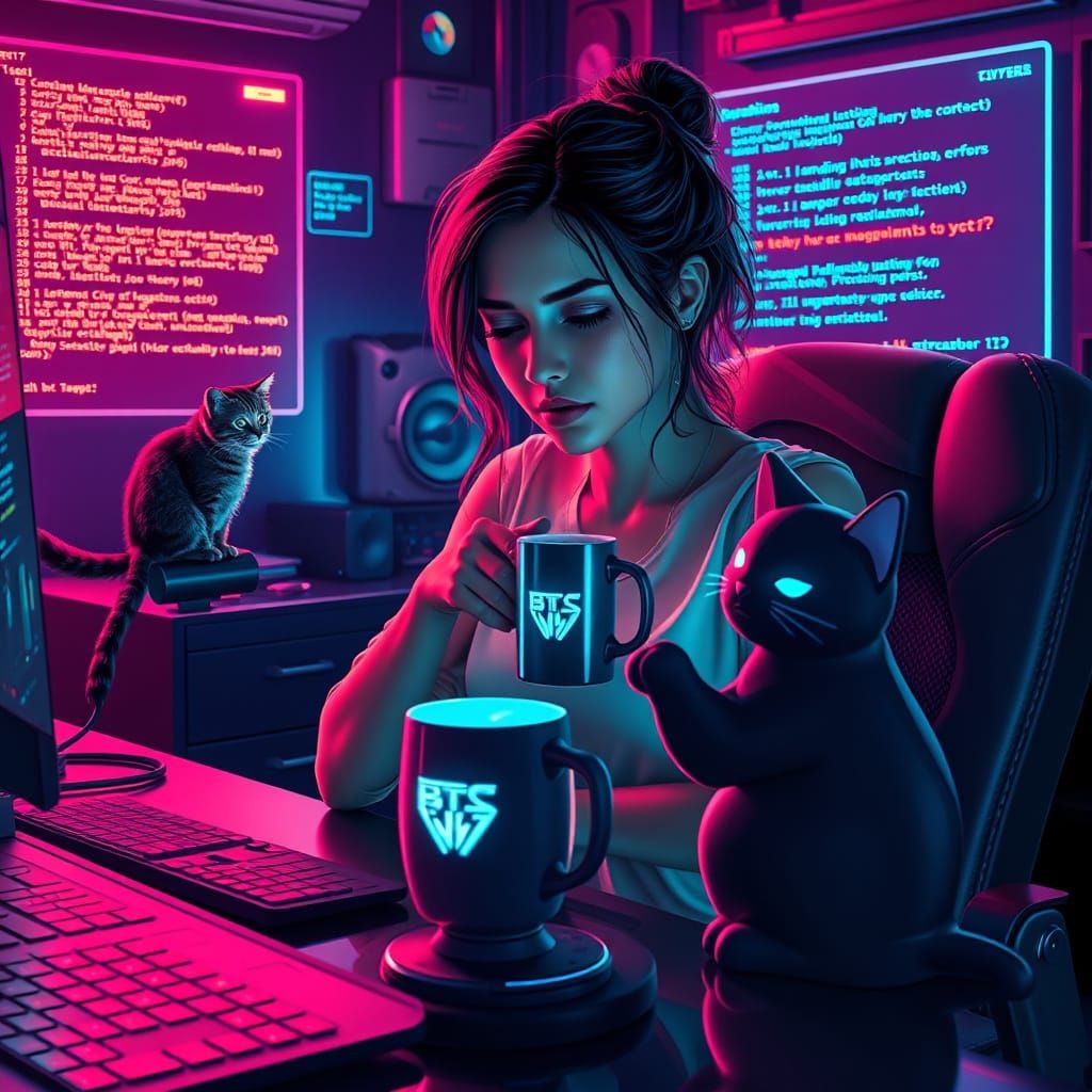 Female Programmer Battles Semicolon Error in Neon-Lit Cyberp...