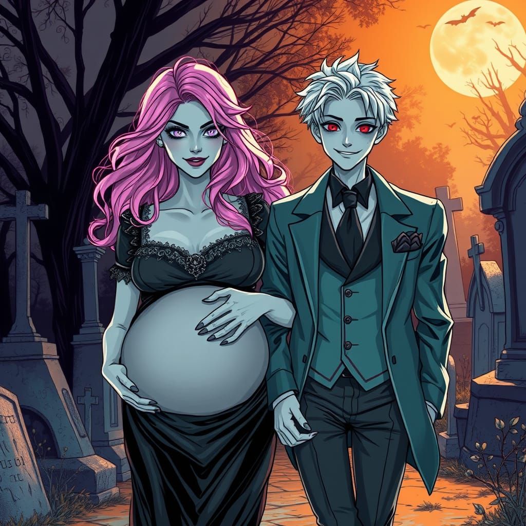 Gothic Lovers Stroll Through the Cemetery in Elegant Black a...