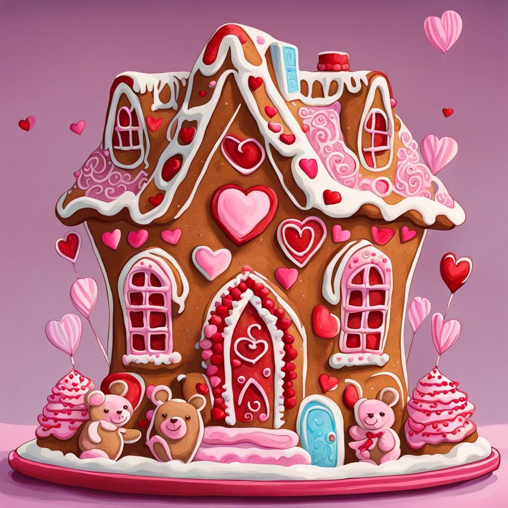 Valentine's Day Gingerbread House in Gouache