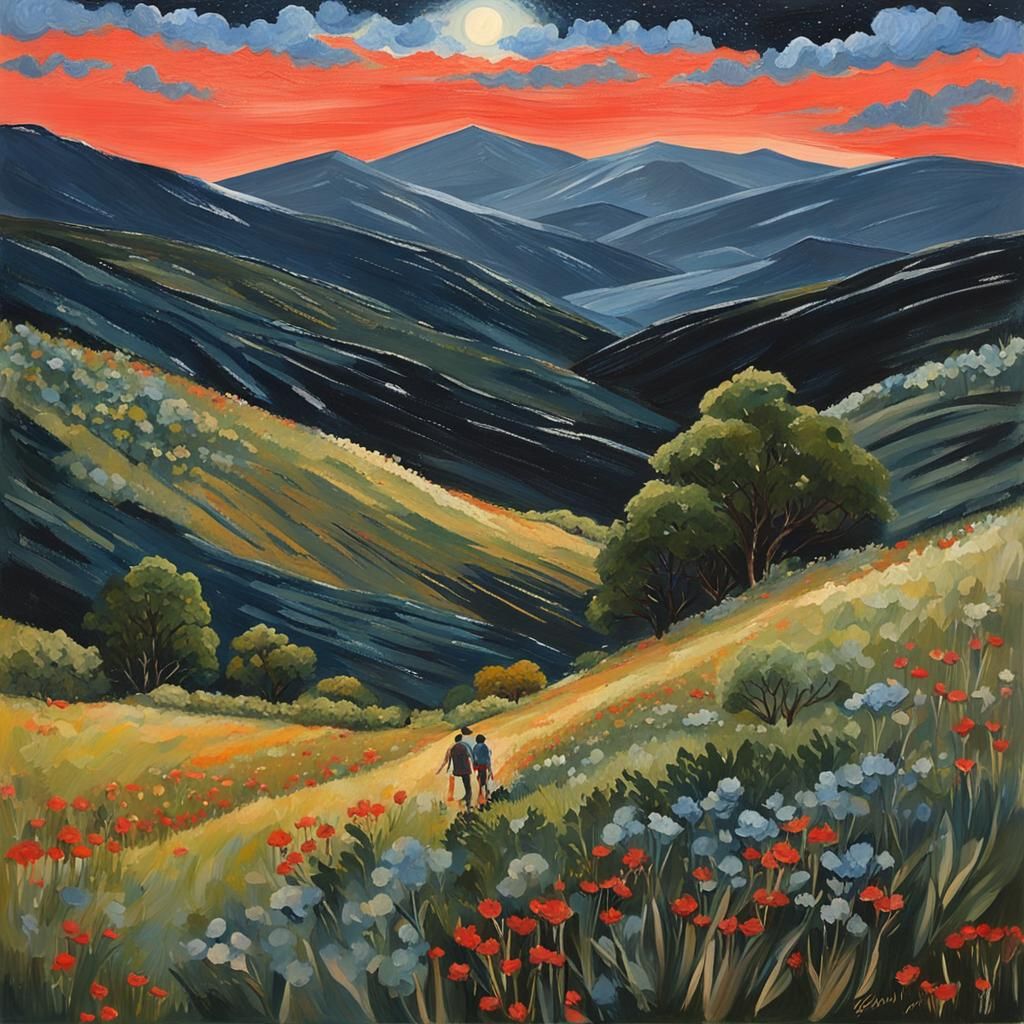 Impasto Gouache Painting of Figures in Hilly Landscape