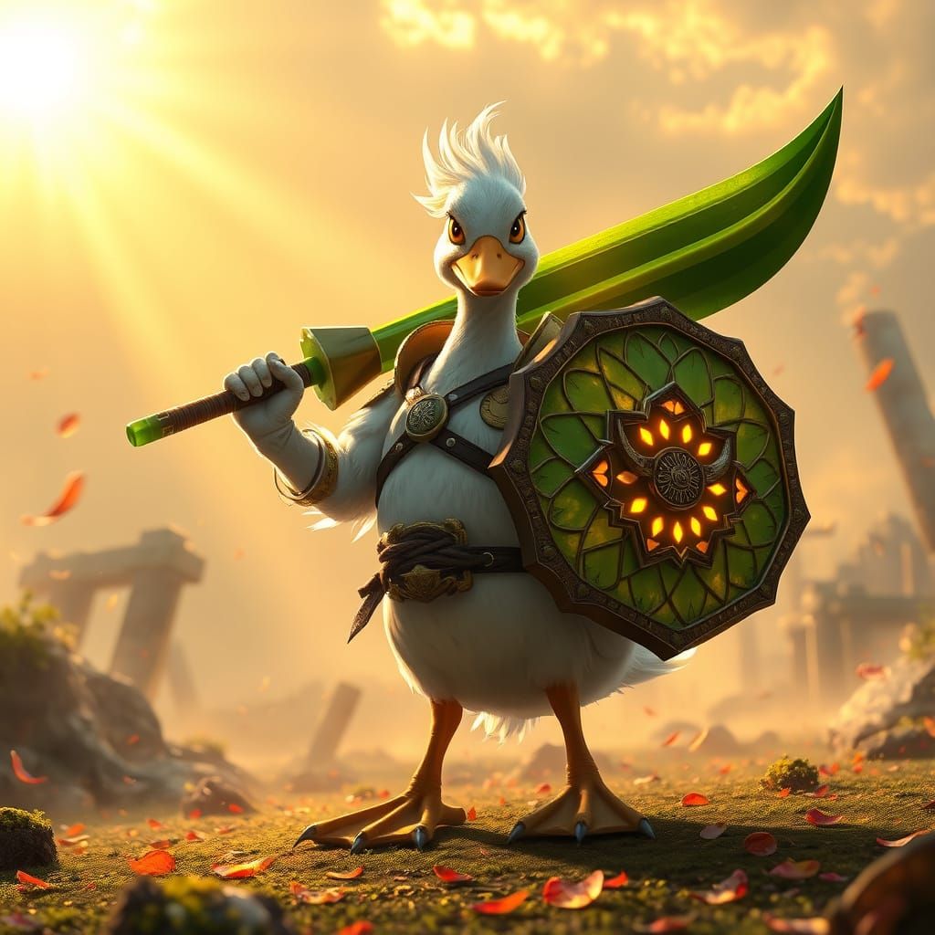 Majestic Duck Warrior in Glowing Battlefield