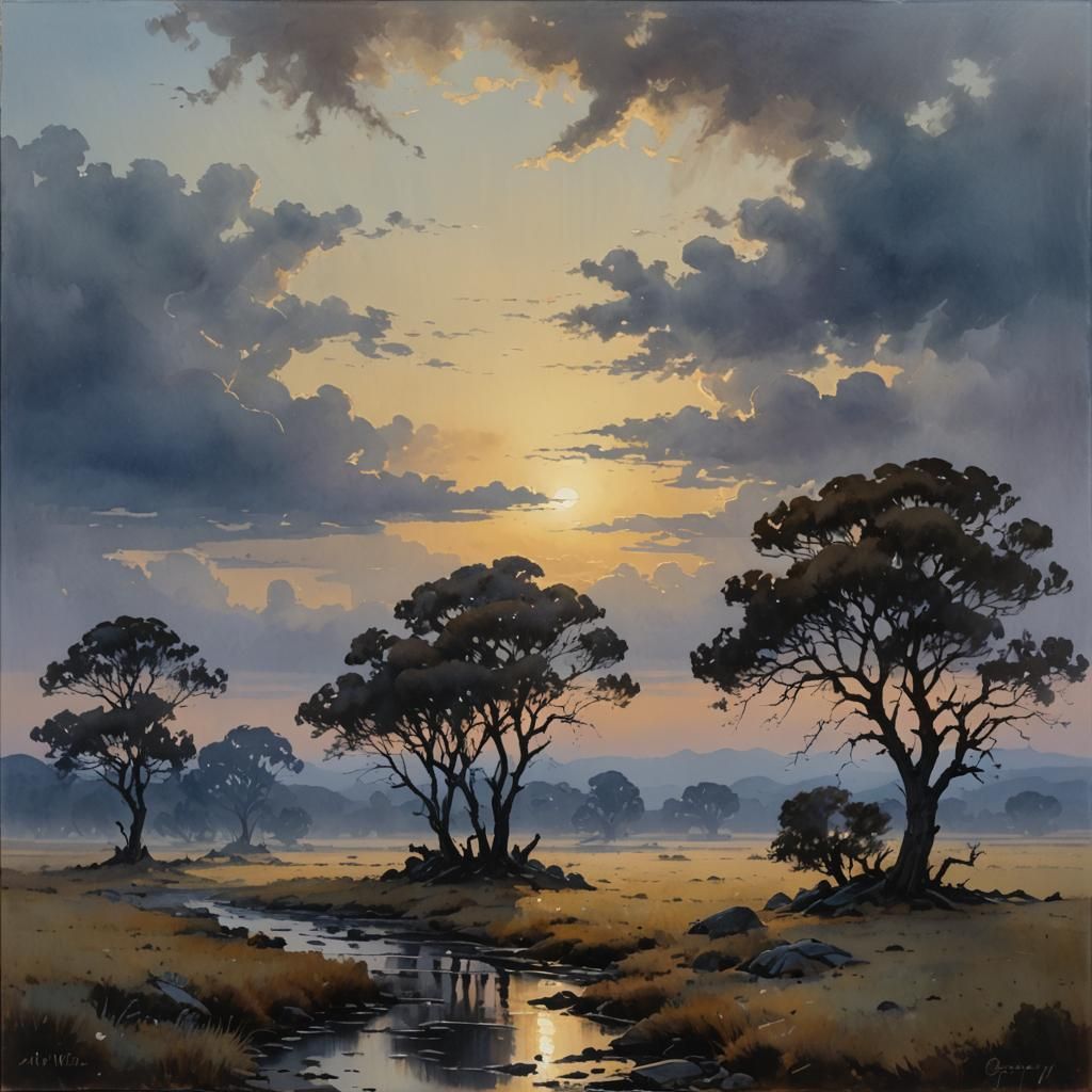 Twilight Landscape in Watercolor Style
