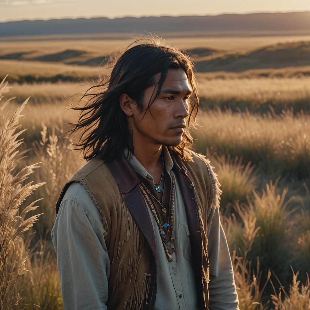 Native American Man in Prairie: Cinematic Film Still