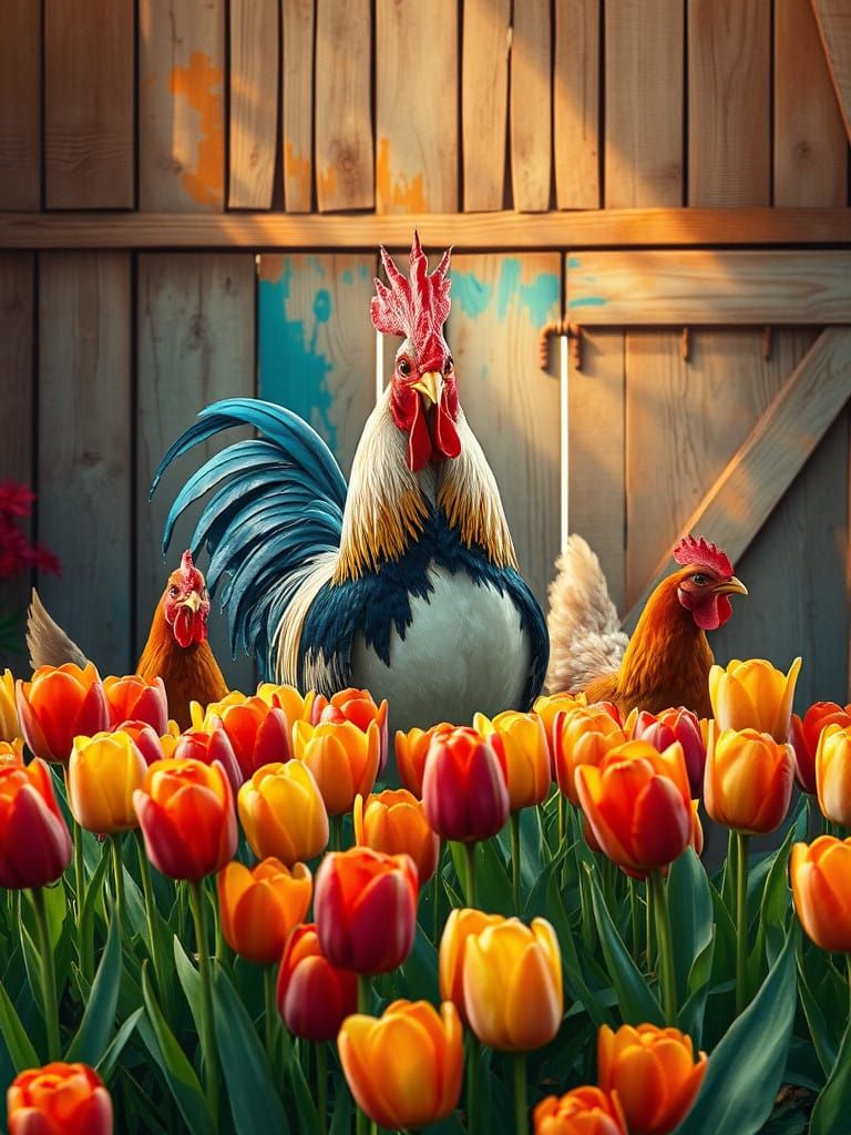 Vibrant Farmhouse Scene with Rooster, Chickens, and Tulips i...