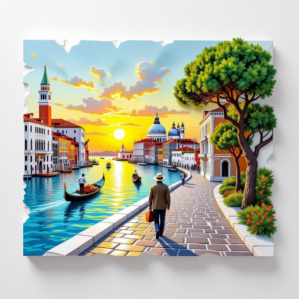 Venice Bas-Relief with Sunset and Ships