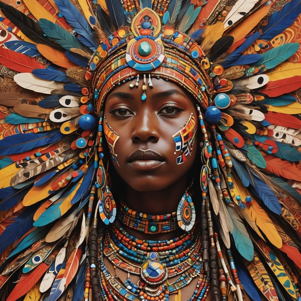 Vibrant African Headdress Portrait in Surreal Style