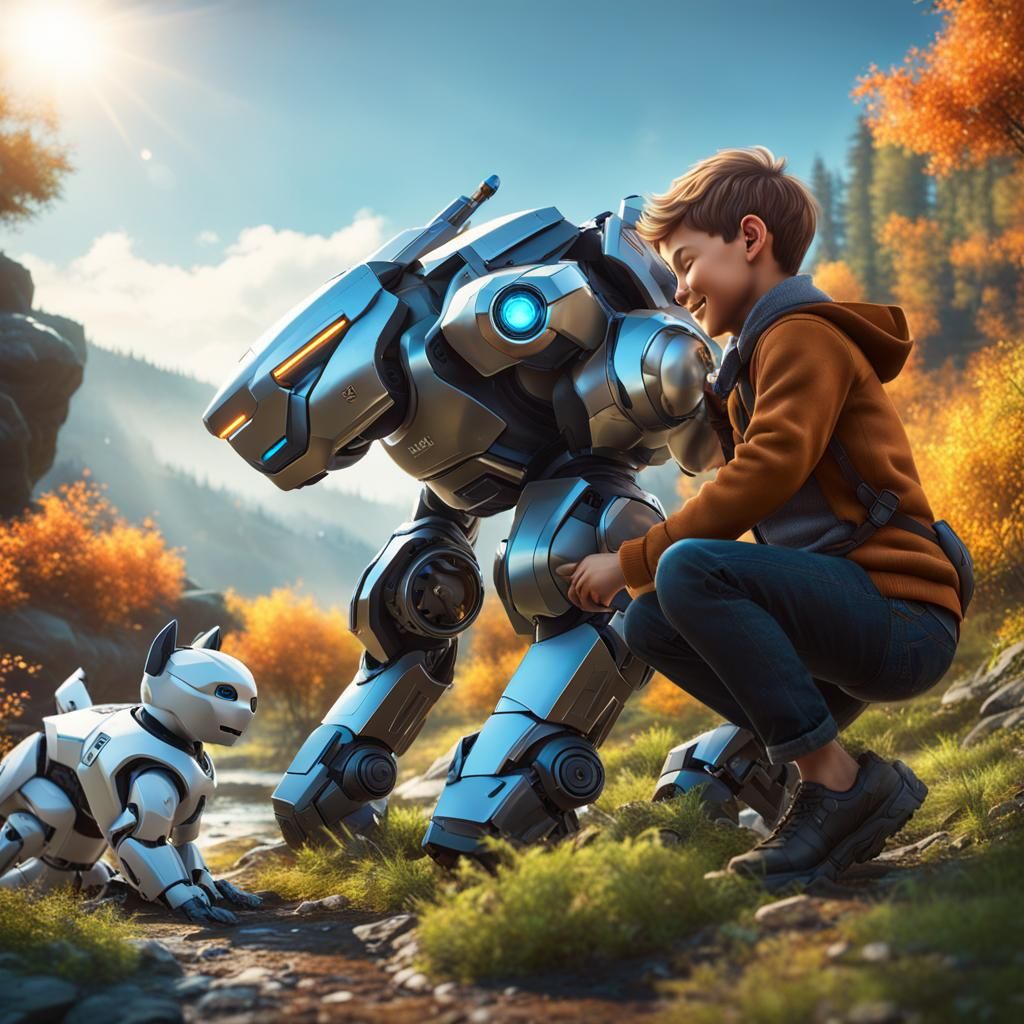 Boy and Robot Pet in Atmospheric Landscape