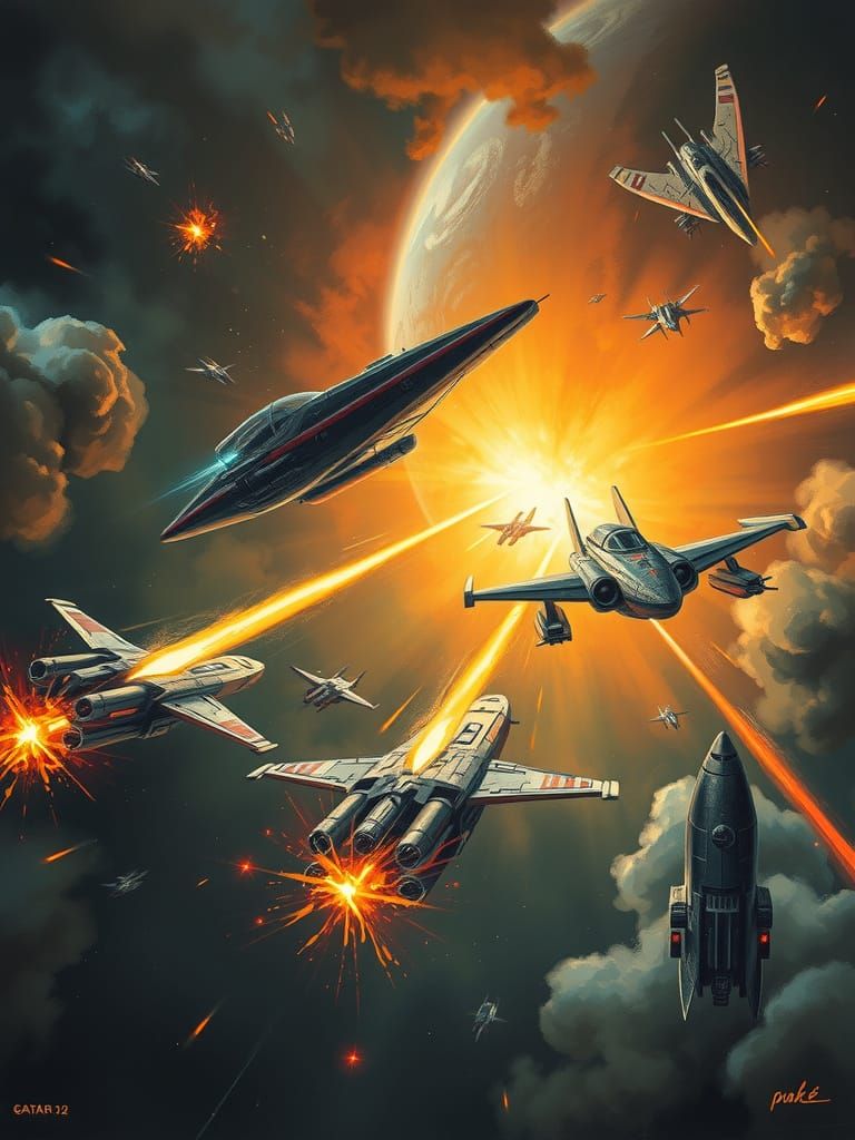 Epic Space Battle as Oil Painting