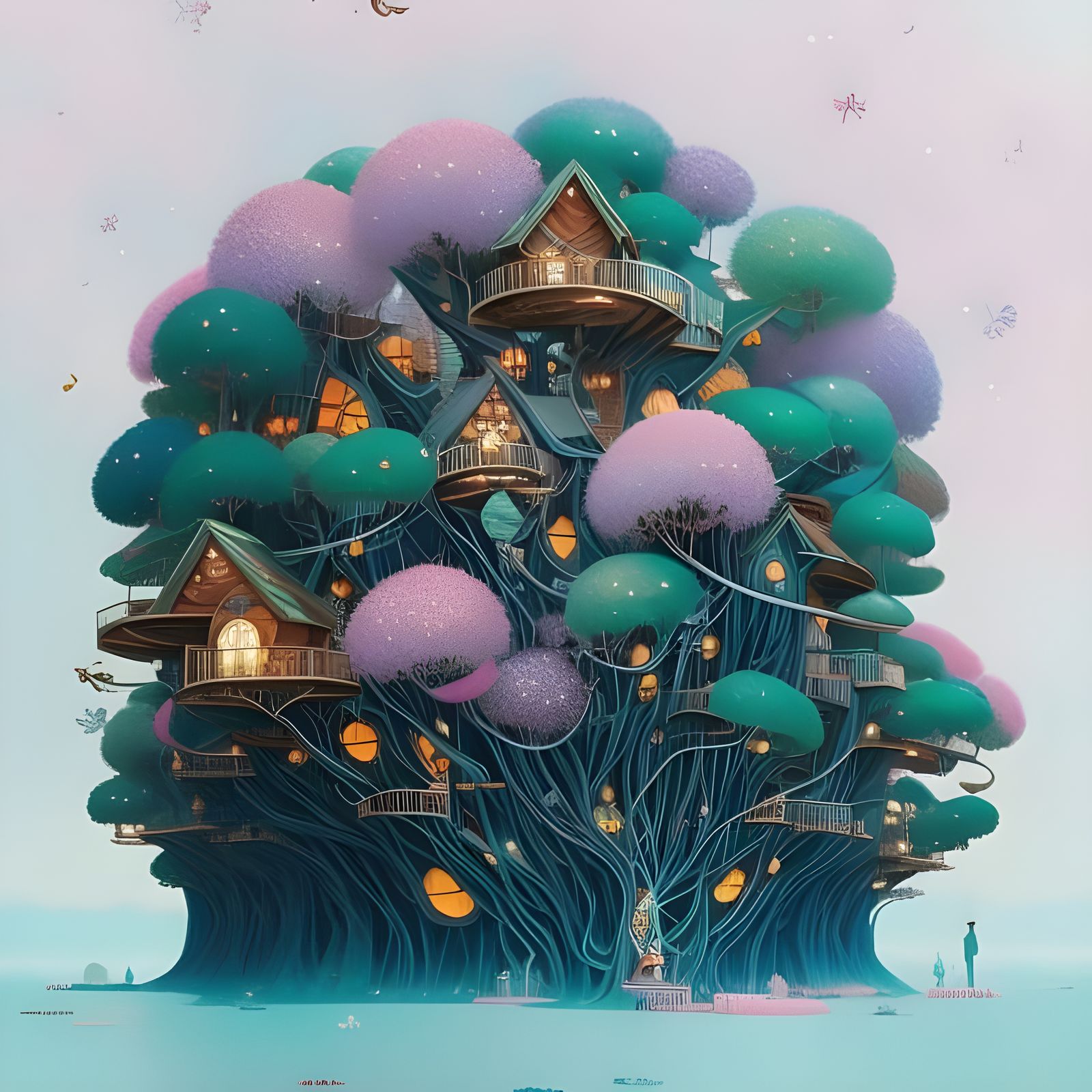 Whimsical Floating Treehouses with Flowers, Poster Art