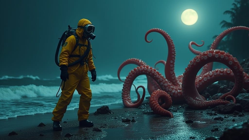 Government Diver Faces Menacing Red Octopus in Hyper-Realist...