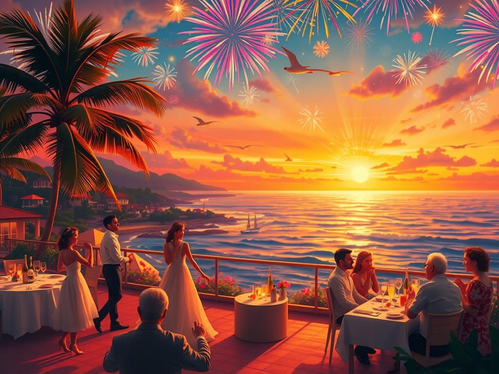 Elegant New Year's Eve Celebration Under Tropical Sunset