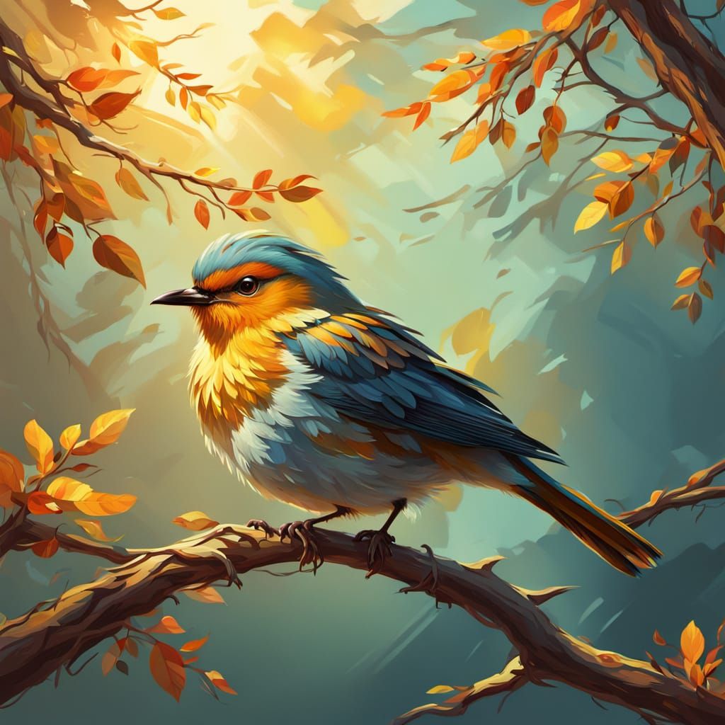 Bird on Twig: Vibrant Oil Painting in Golden Light