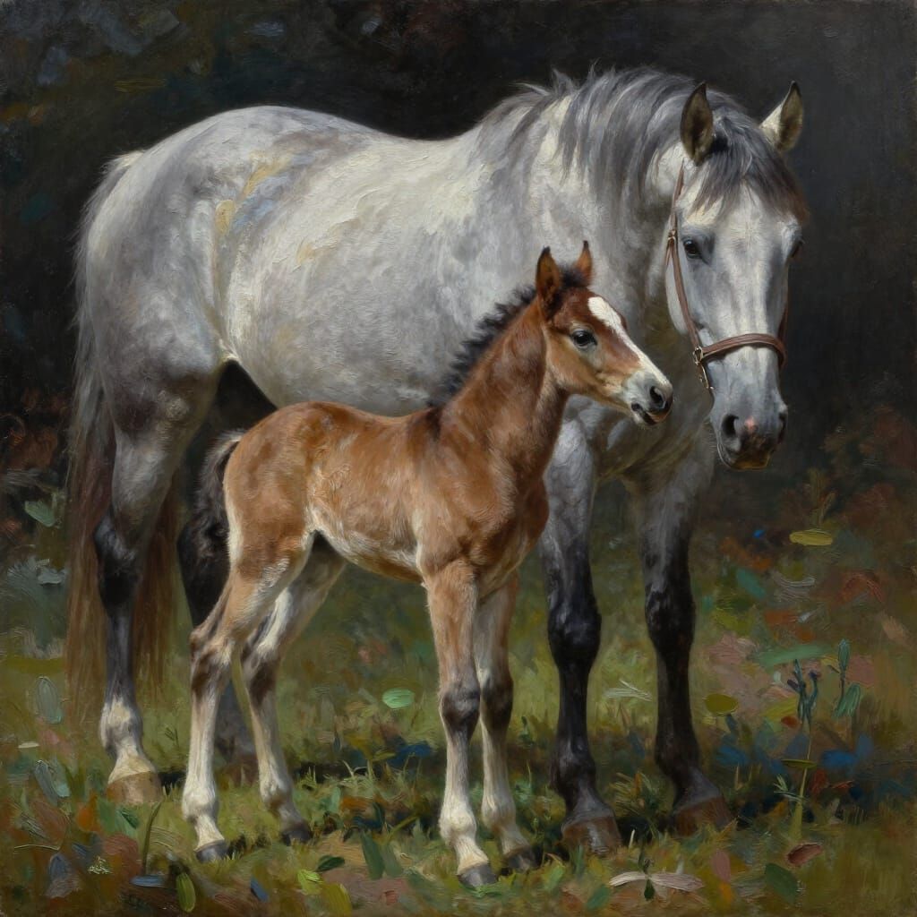 Realistic oil painting of a newborn colt standing in the distance, on new shaky legs with his mother nuzzling him, the m...