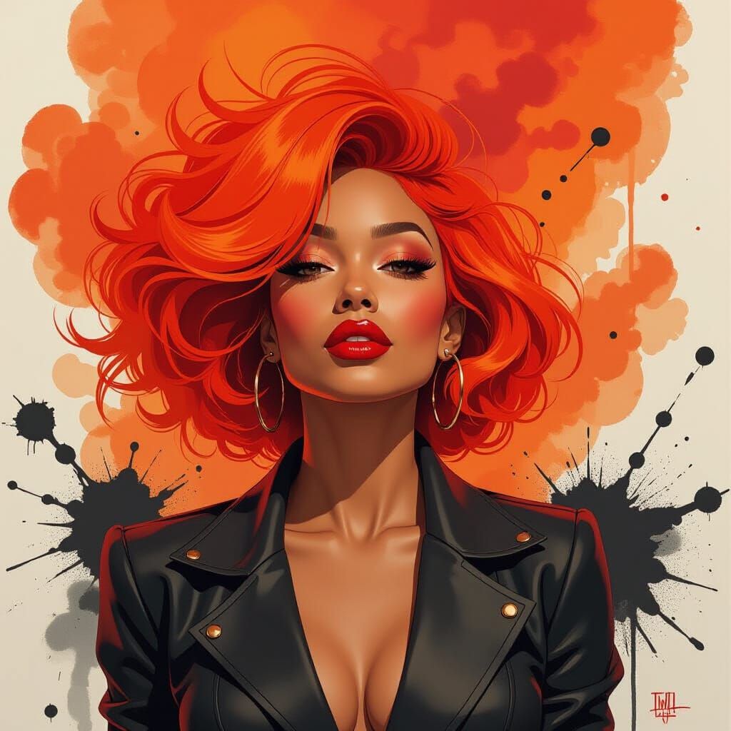 African American Woman in Crimson Storm, Ink Splash Style