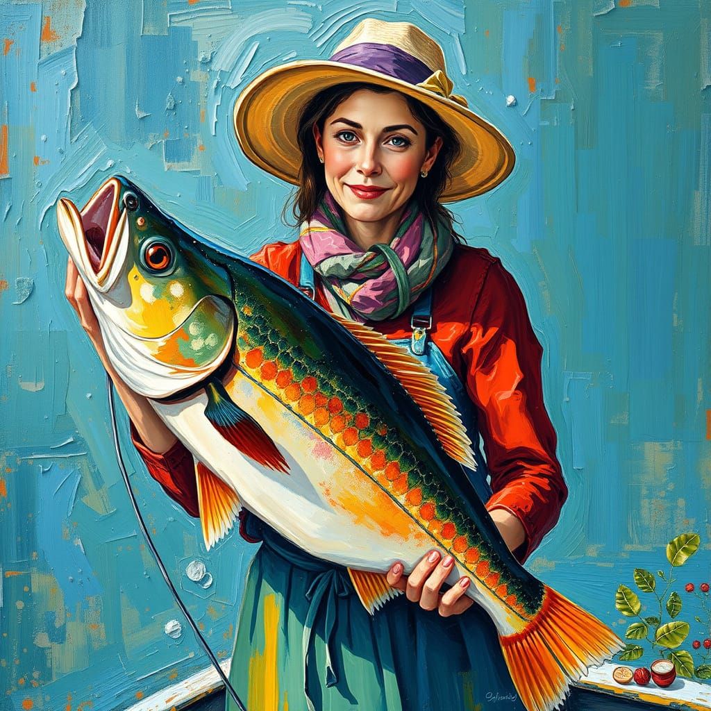 Fisherwoman in Neo-Impressionist Oil Painting