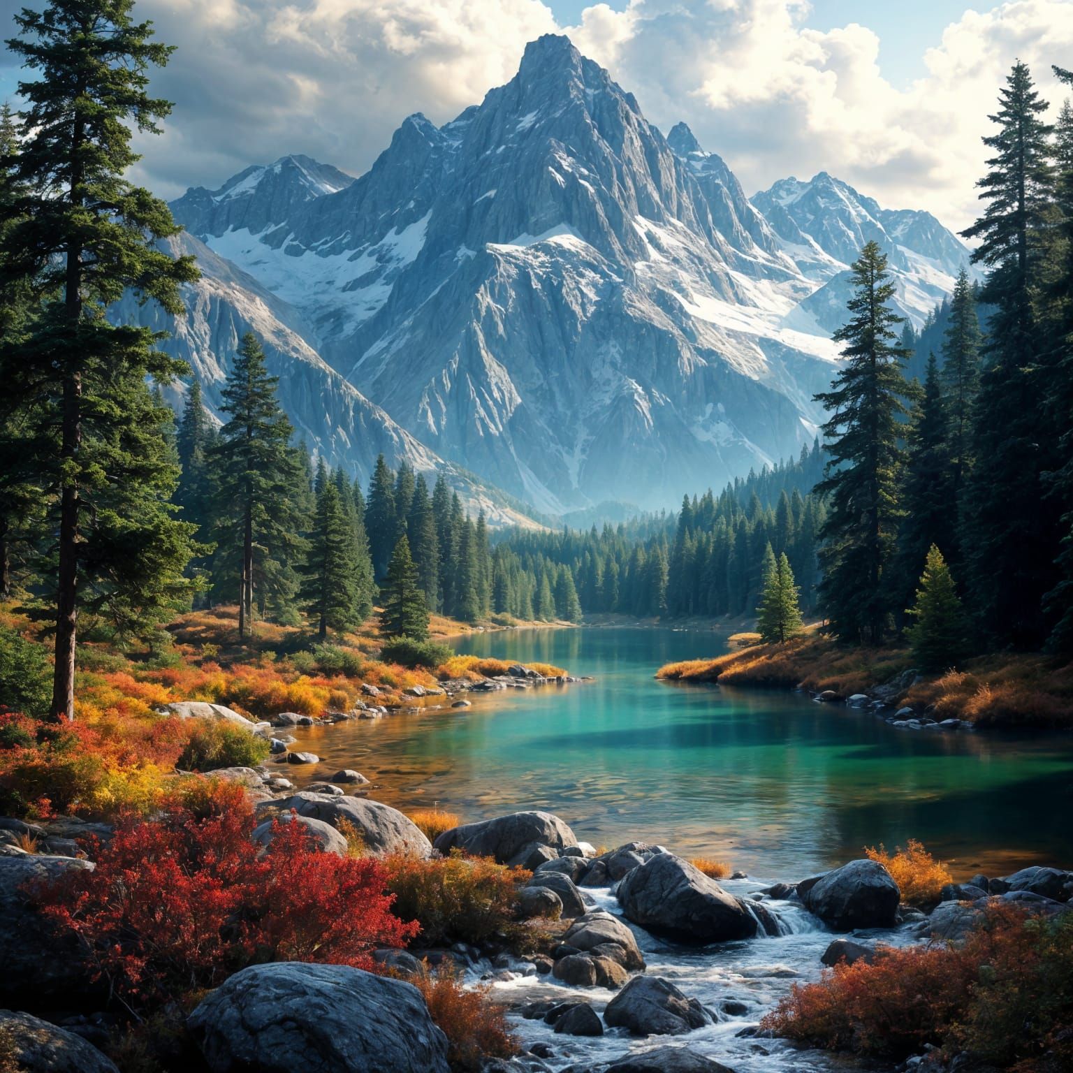 Majestic Mountain Landscape with Alpine Lake and Autumn Tree...