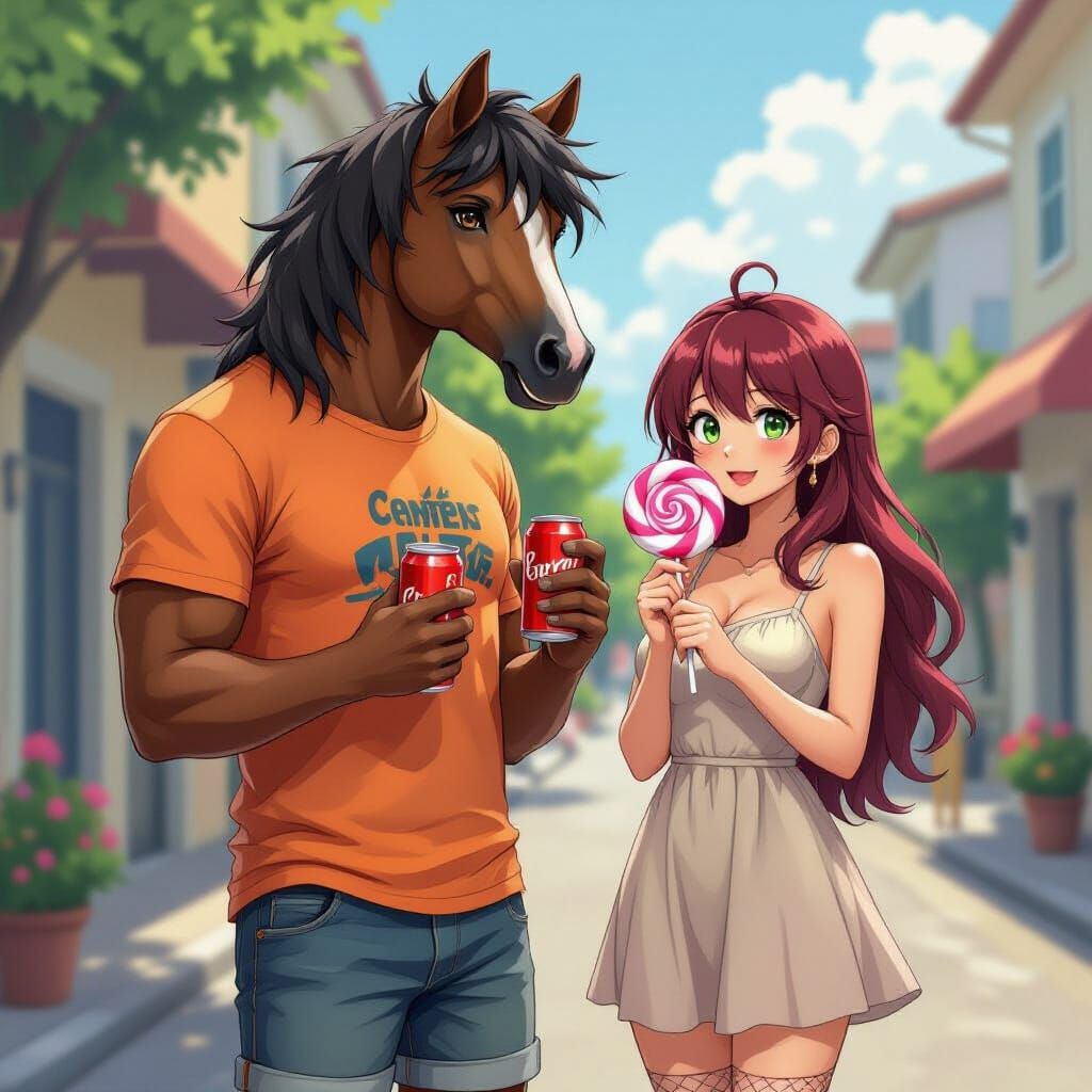 Anime Style Centaur on City Street with Woman