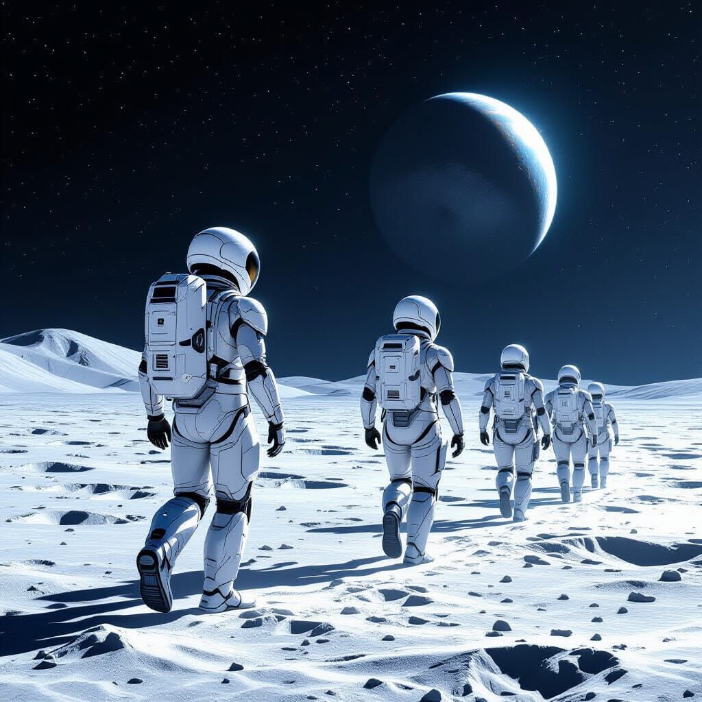 Robots on the Moon in Futuristic Style