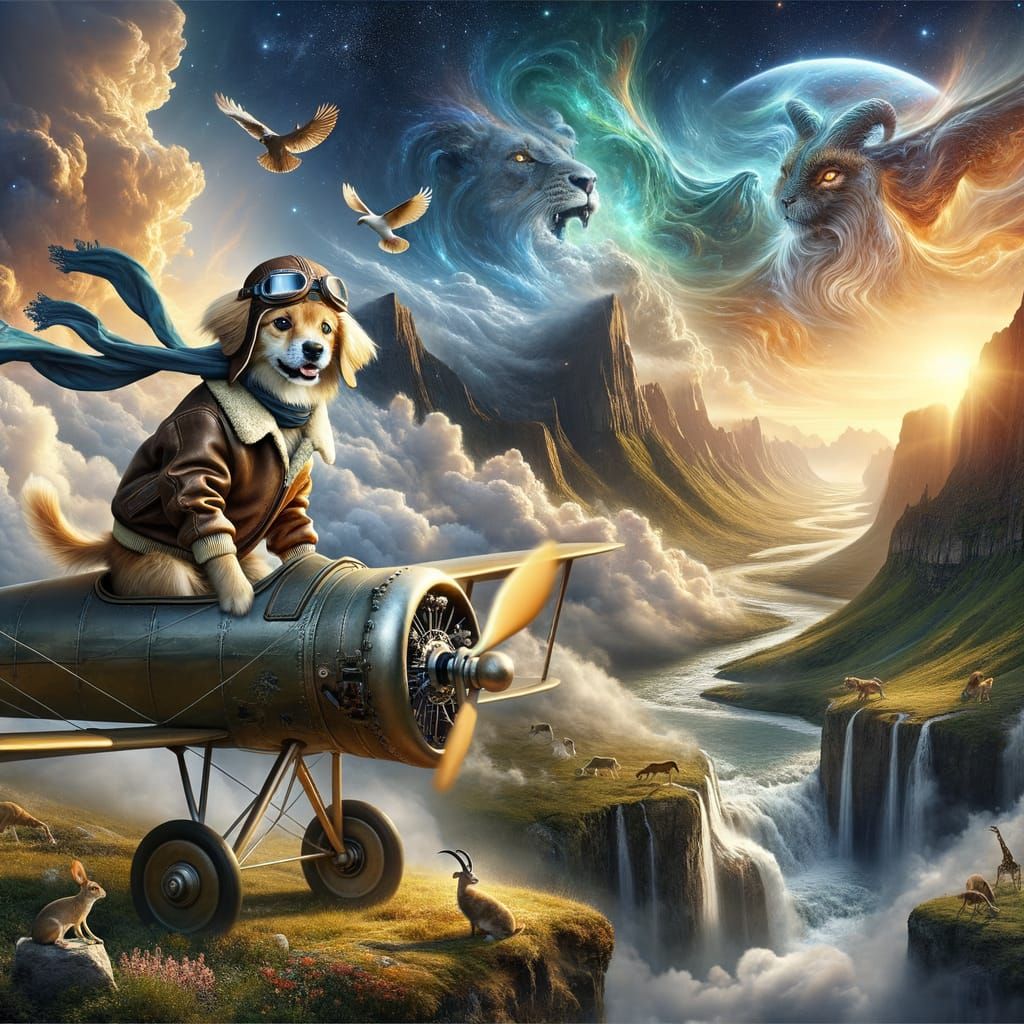 Dog Pilot Soaring Through Cosmic Creation
