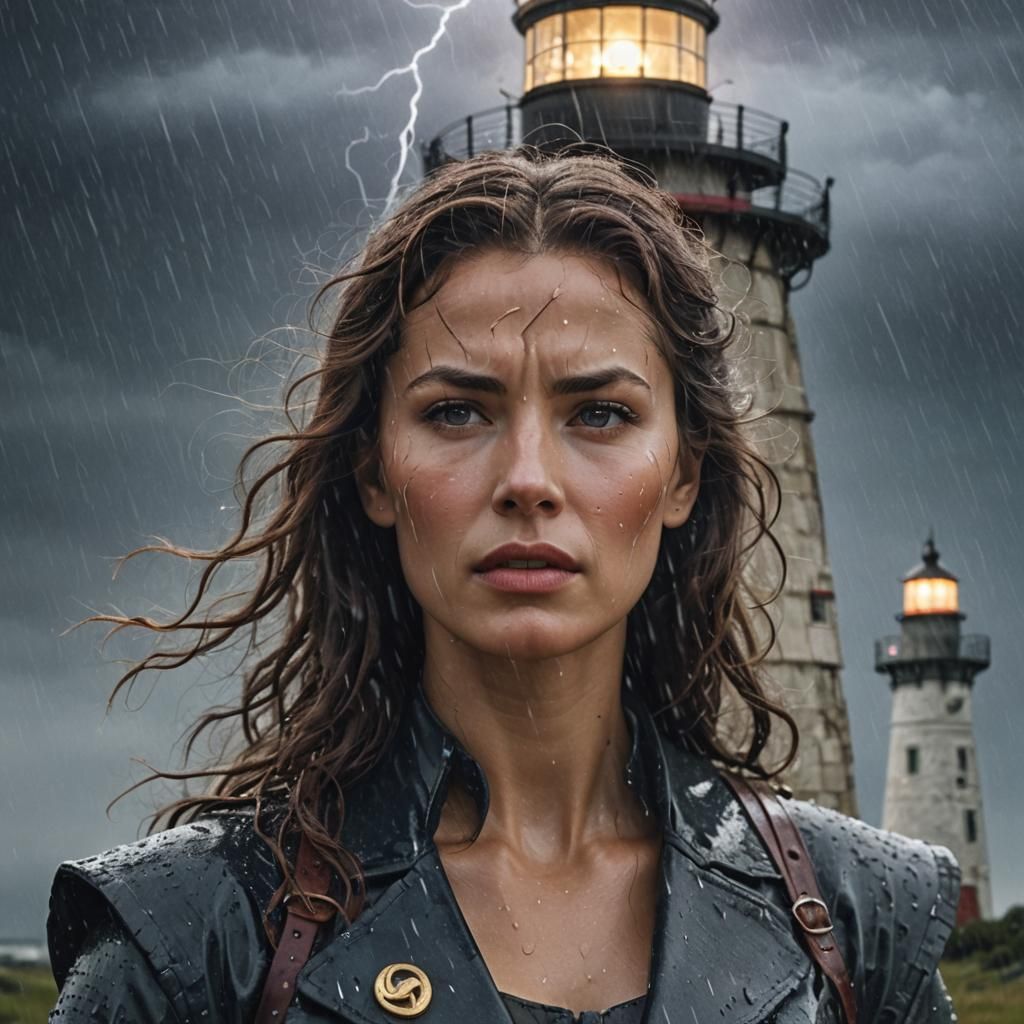 Warrior Woman in Storm with Cosmic Lighthouse