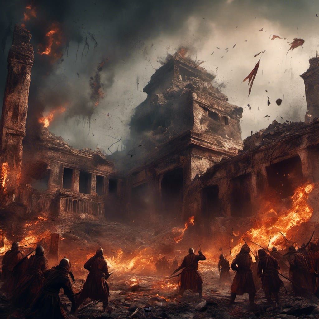 Turkic Invaders Destroying Nalanda University Illustration