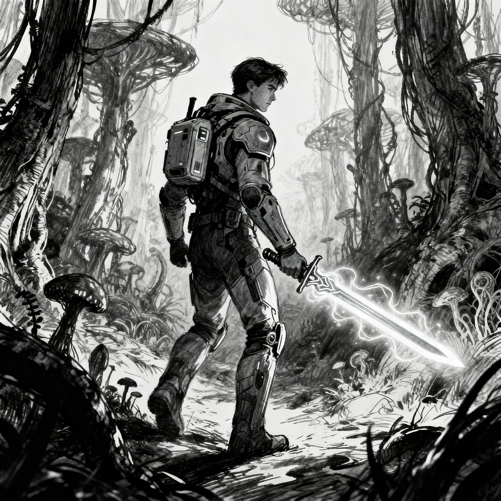Futuristic Explorer Wields Psionic Sword in Alien Forest