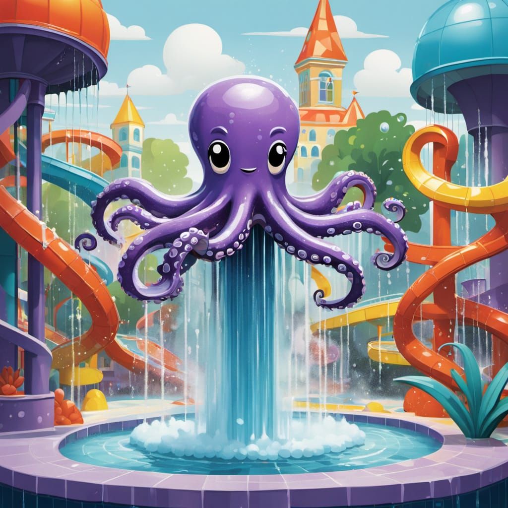 Cartoon Octopus Fountain at Water Park, Playful Design