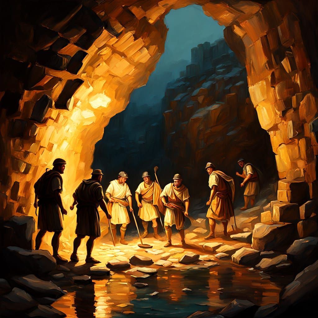 Greek Sailors Discover Cave in Earthy Oil Painting