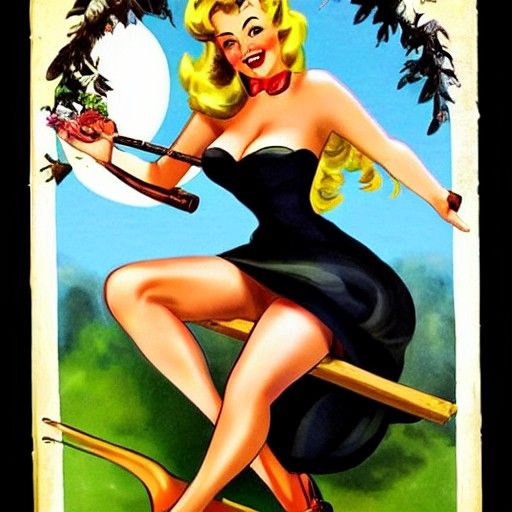 Pin-Up Style Witch on Broomstick