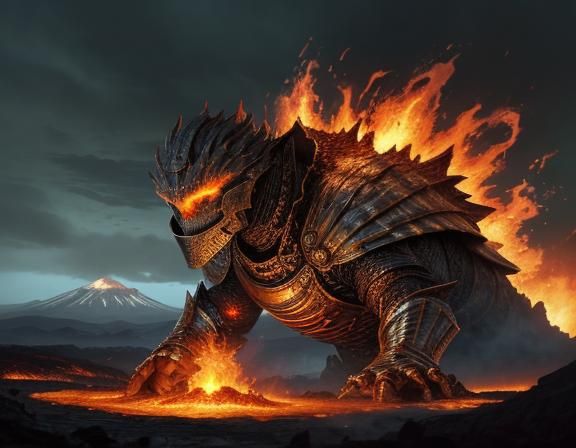 Knight Confronts Fire Elemental at Volcano in 3D