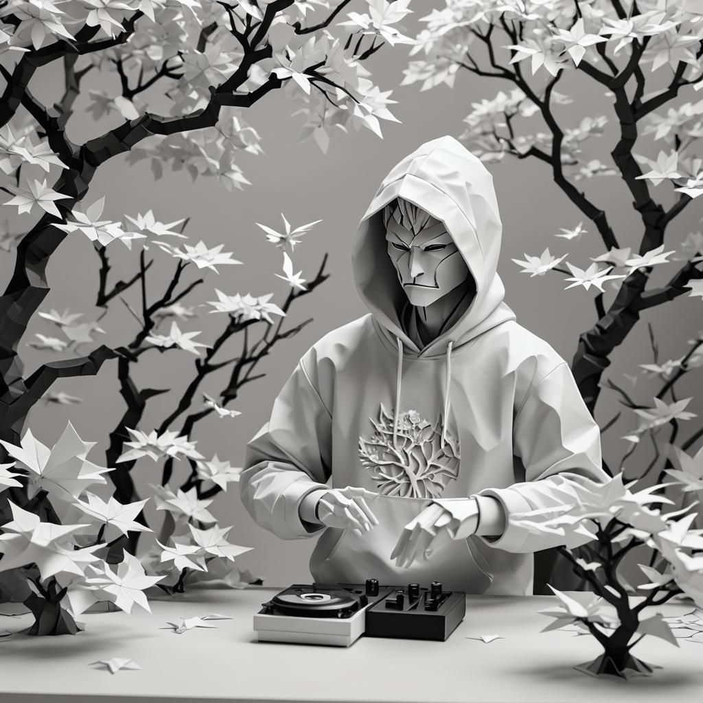 Monochrome Tengu DJing with Origami Bonsai