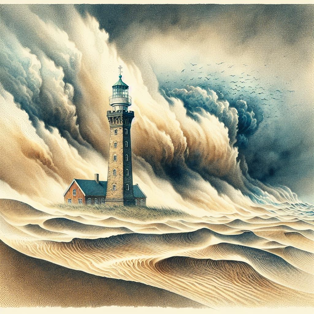 Stormy Lighthouse on Shifting Sands, Watercolor Realism