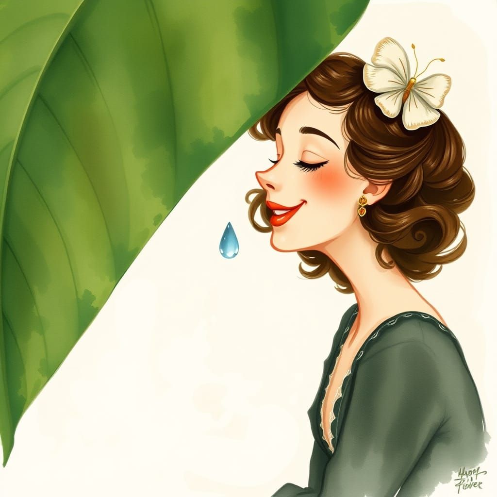 Whimsical Watercolor Portrait of a Young Woman Kissing a Wat...