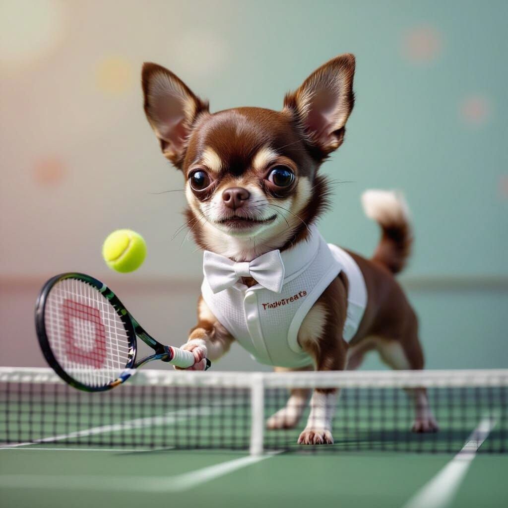 Chocolate Chihuahua's Intense Tennis Match in Kawaii Style